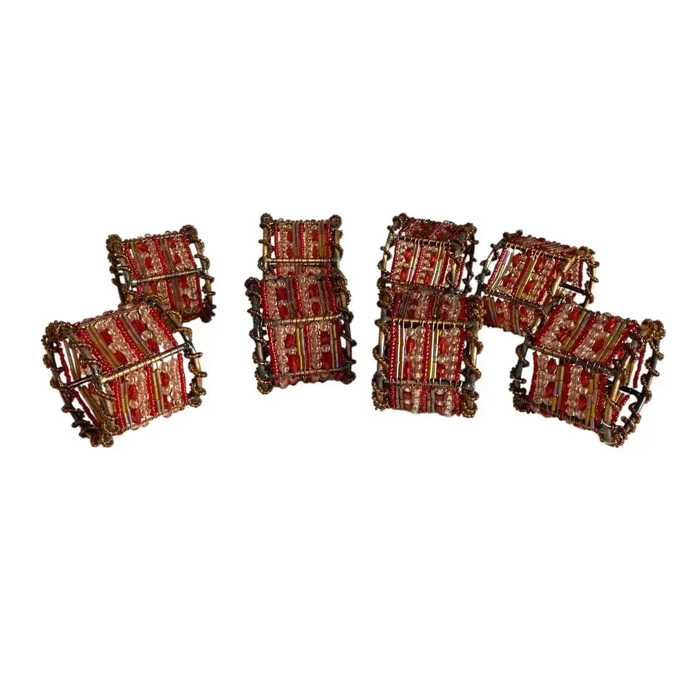 Pier 1 Beaded Napkin Rings Set of 8 Red Copper Moroccan Boho Table Decor